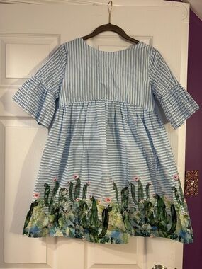 Mango Light Blue & White Striped Dress with Cactus Border